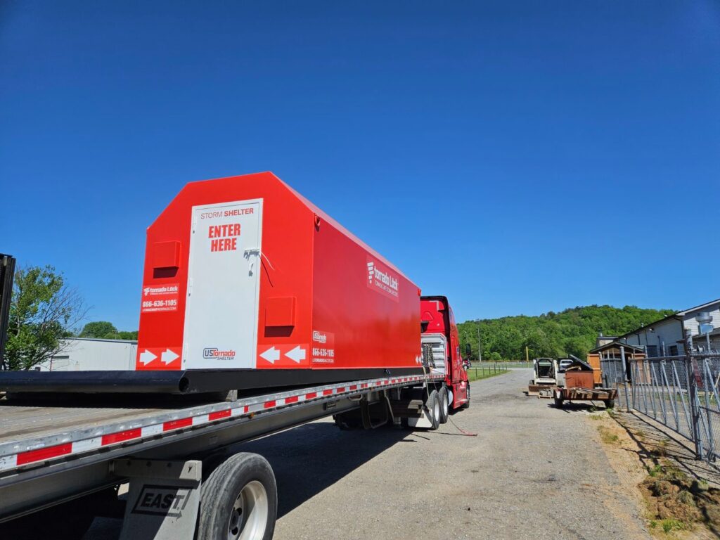 Tornado Shelter on Flatbed Truck during delivery