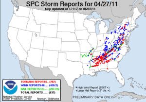 NOAA SPC Storm Reports Map for April 28, 2026 -- Communities