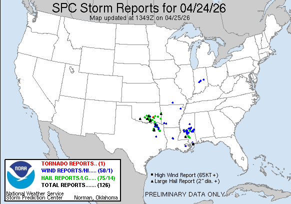 NOAA SPC Storm Reports Map for April 25, 2026 -- Tornado