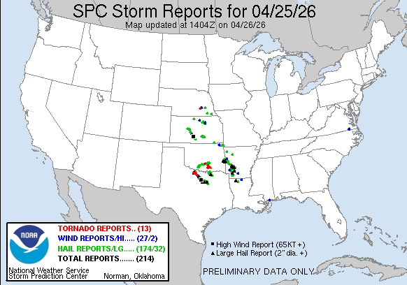 NOAA SPC Storm Reports Map for April 26, 2026 -- Tornado Tornado Warning Issued for Kansas Regions