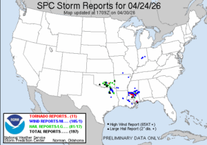 NOAA SPC Storm Reports Map for April 30, 2026 -- Tornado