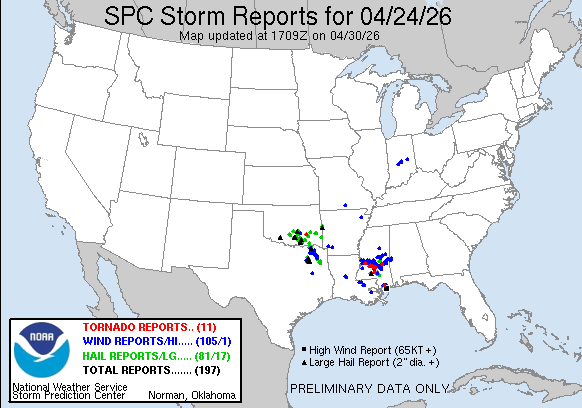 NOAA SPC Storm Reports Map for April 30, 2026 -- Tornado