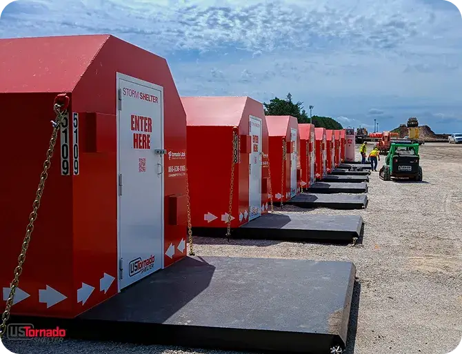 Modular above-ground safe room rental units staged for rapid delivery across Tennessee work sites