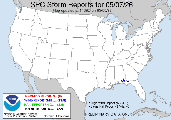 NOAA SPC Storm Reports Map for May 08, 2026 -- Mississippi