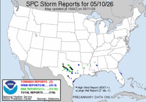 NOAA SPC Storm Reports Map for May 11, 2026 -- Tornado