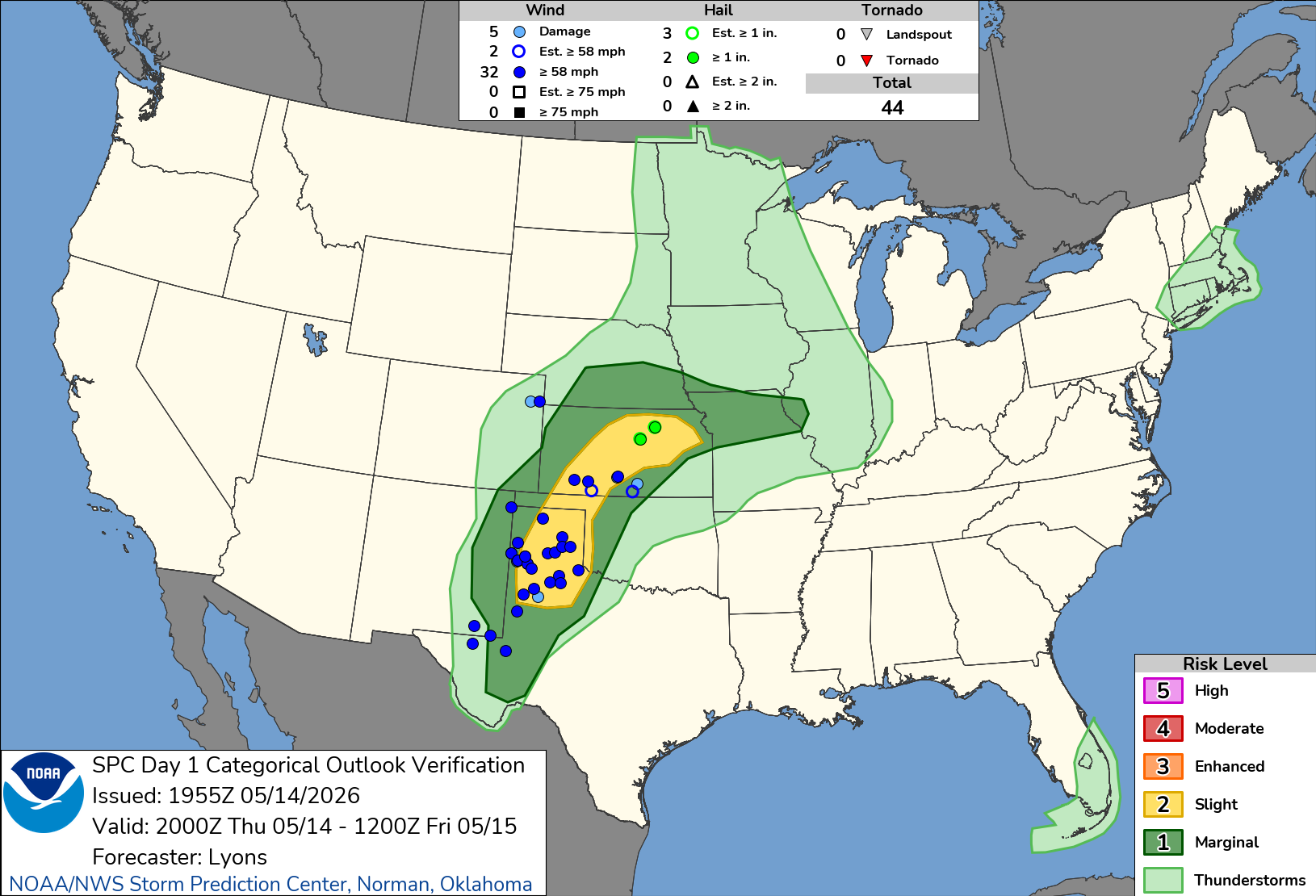 NOAA SPC Convective Outlook Map for May 15, 2026 -- Iowa