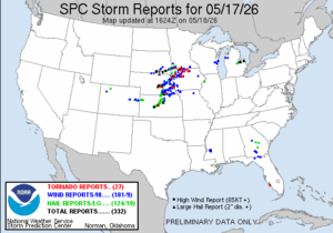 NOAA SPC Storm Reports Map for May 18, 2026 -- Winds