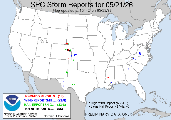 NOAA SPC Storm Reports Map for May 22, 2026 -- Joplin