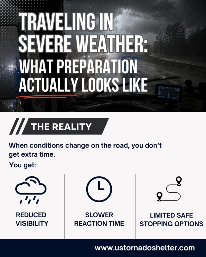 Infographic showing the realities of traveling in severe weather with tips for preparing before a trip. Background image depicts a view through a windshield in heavy rain and dark conditions.