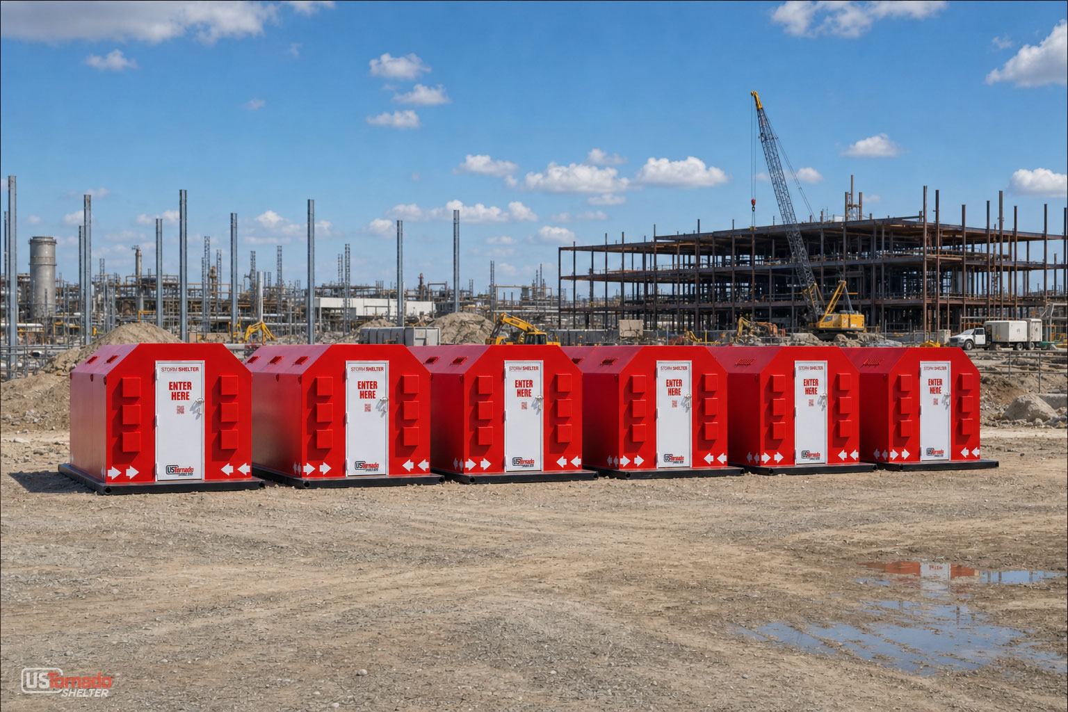 Six red US Tornado Shelter CSB Series storm shelters lined up at a large industrial construction site, giving the work crew rapid access to EF-5 rated protection