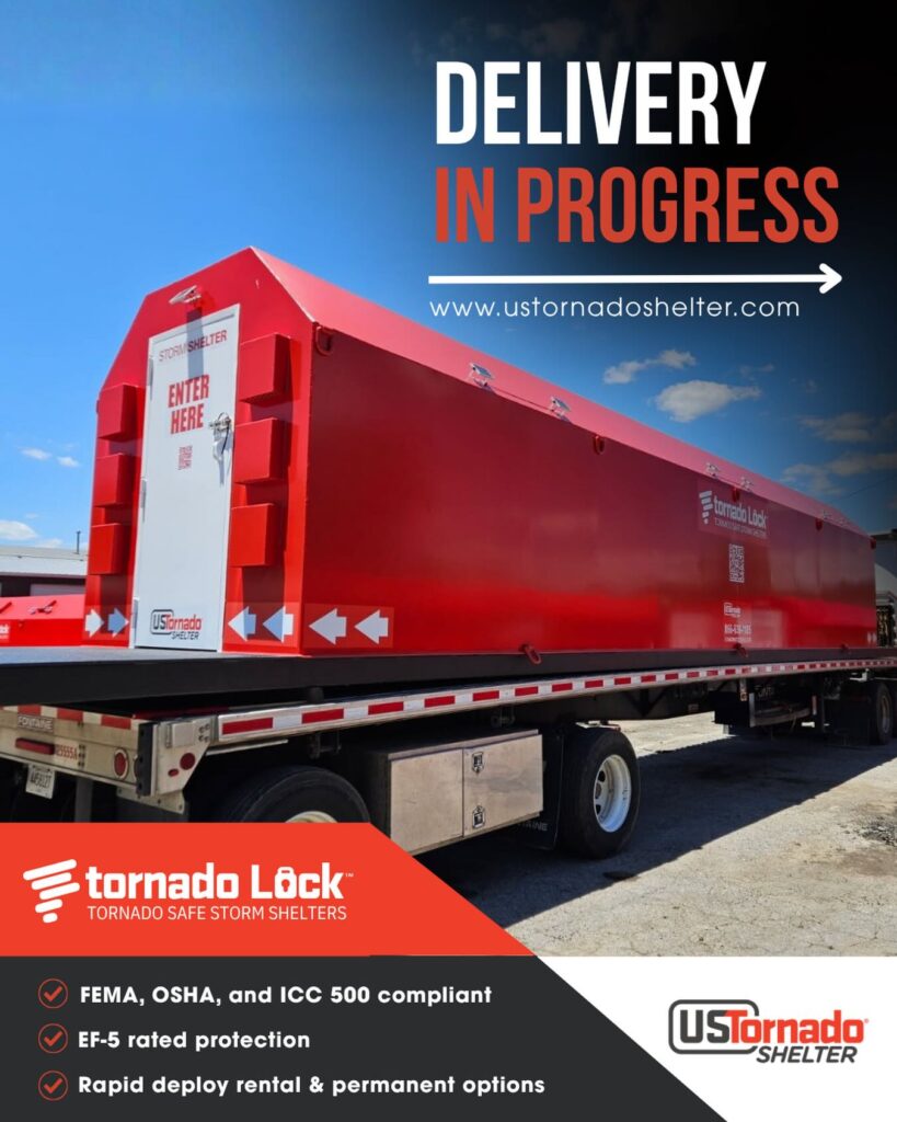 Red tornado safe storm shelter being delivered on a flatbed truck. Large text reads 'Delivery in Progress' with safety compliance highlights including FEMA, OSHA, and ICC 500 compliance, EF-5 rated protection, and rapid deploy rental and permanent options. US Tornado Shelter branding visible.