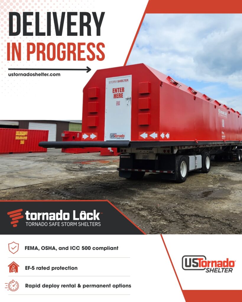 A large red US Tornado Shelter is loaded on a flatbed trailer, ready for delivery. Bold text says 'Delivery In Progress.' The shelter features a labeled entrance and tornado protection branding. Safety compliance details and shelter options are highlighted.