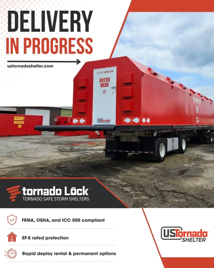 A large red US Tornado Shelter is loaded on a flatbed trailer, ready for delivery. Bold text says 'Delivery In Progress.' The shelter features a labeled entrance and tornado protection branding. Safety compliance details and shelter options are highlighted.