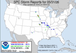 NOAA SPC Storm Reports Map for June 01, 2026 -- Tornado