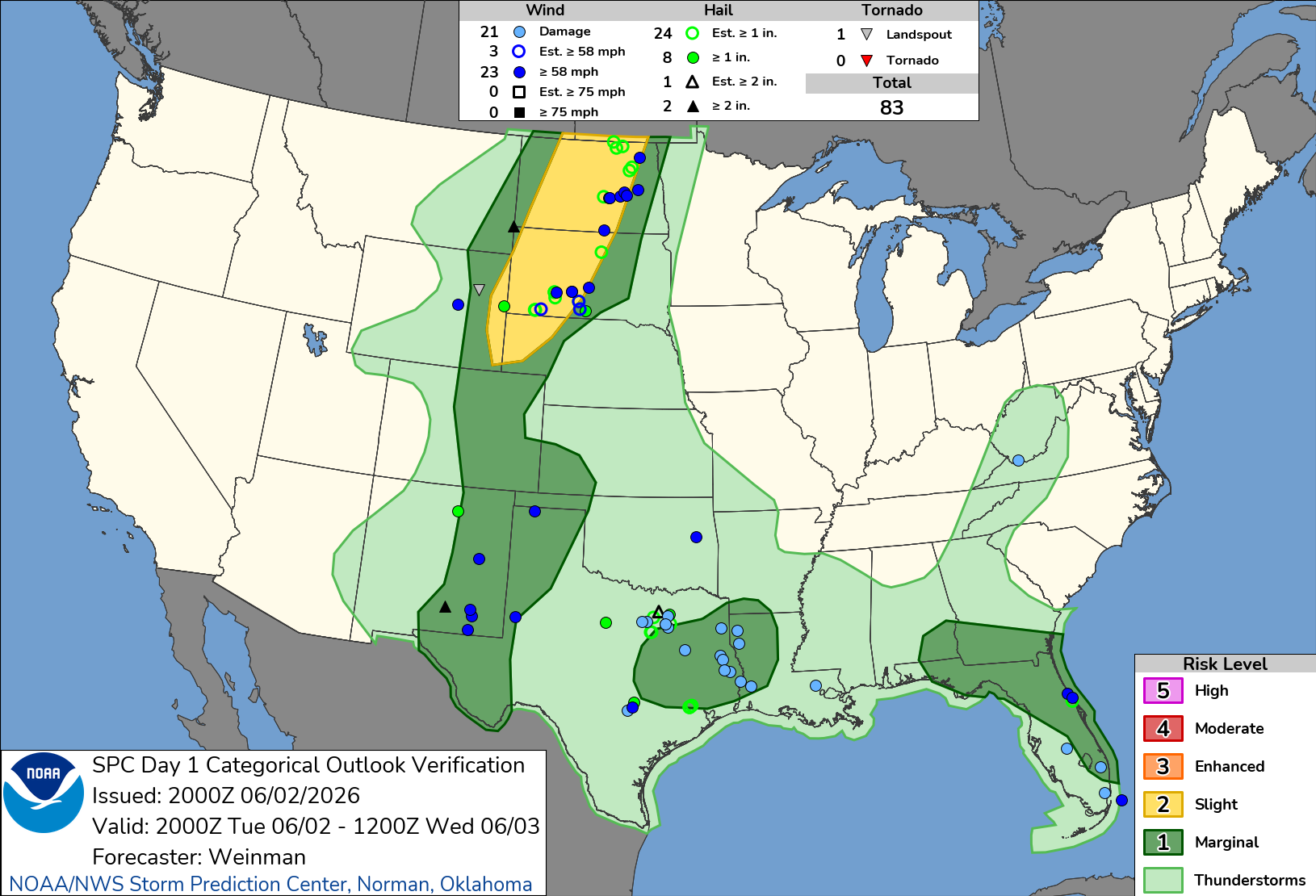 NOAA SPC Convective Outlook Map for June 03, 2026 -- Marks
