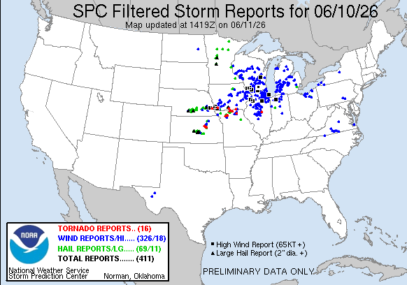 NOAA SPC Storm Reports Map for June 11, 2026 -- Tornado