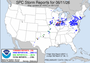 NOAA SPC Storm Reports Map for June 12, 2026 -- Illinois
