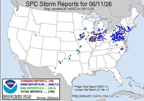 NOAA SPC Storm Reports Map for June 12, 2026 -- Illinois