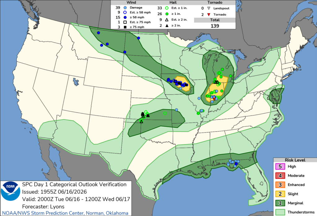 NOAA SPC Storm Reports Map for June 18, 2026 -- Midwest -- Midwest Faces New Tornado Threat