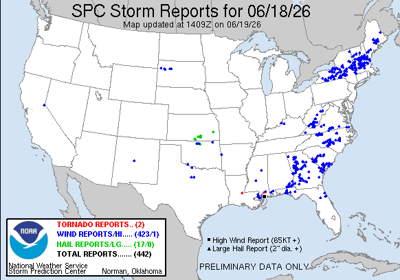 NOAA SPC Tornado News Map for June 19, 2026 -- Gulf -- Gulf Rains Follow Midwest Tornadoes