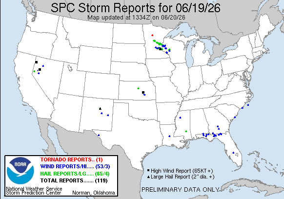 NOAA SPC Tornado News Map for June 20, 2026 -- Gulf -- Gulf States Face Heavy Rain