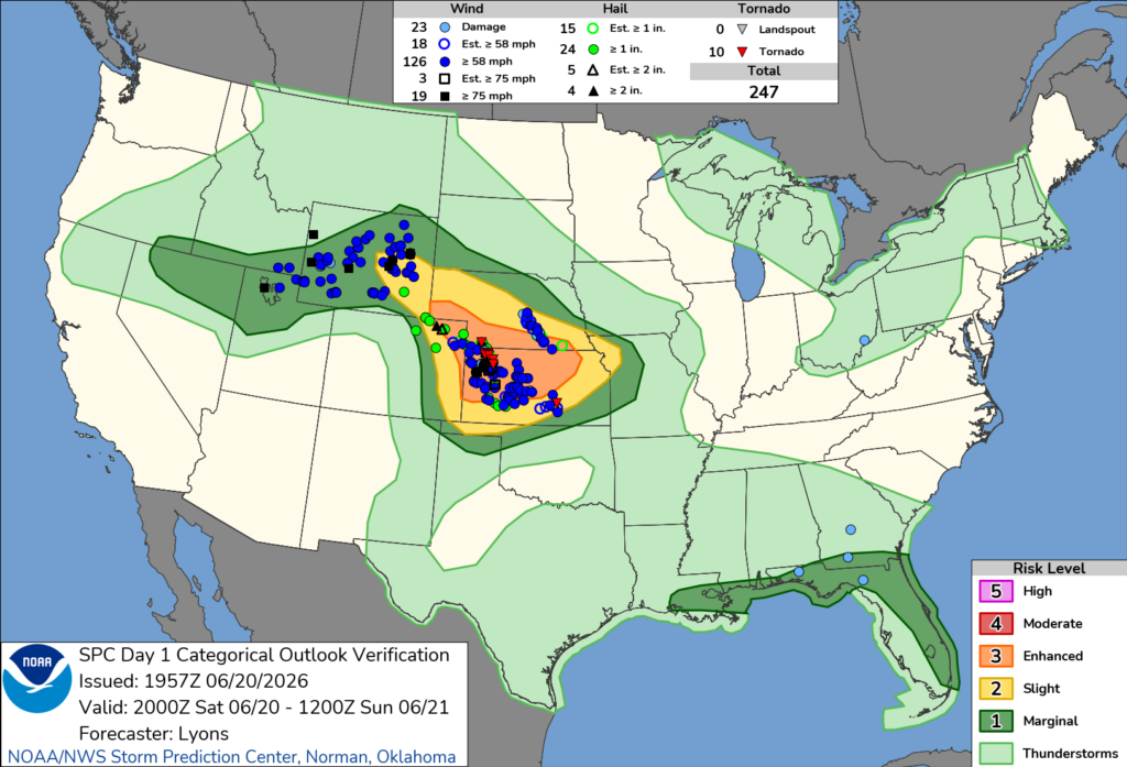 NOAA SPC Storm Reports Map for June 21, 2026 -- Tornado -- Tornado Warning Hits Cedar, Dade