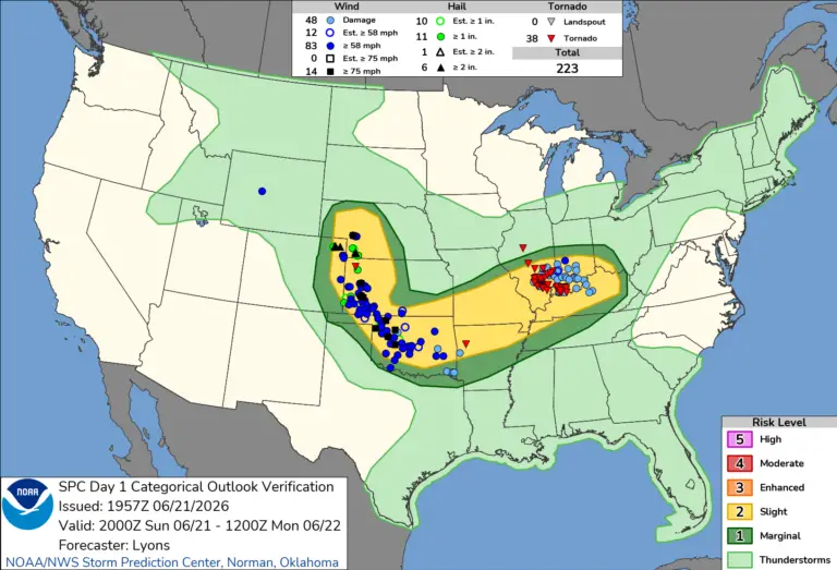 NOAA SPC Storm Reports Map for June 22, 2026 -- Deadly -- Deadly Tornado Outbreak Hits Illinois