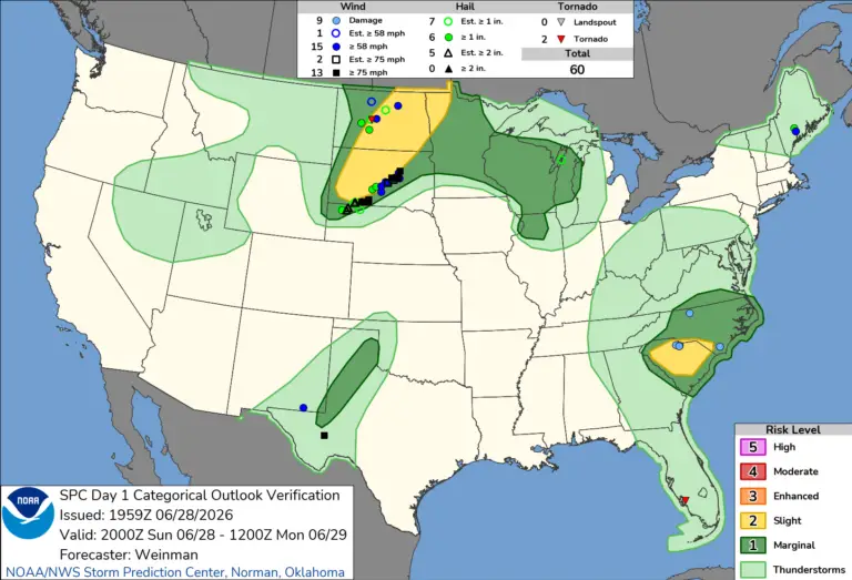 NOAA SPC Storm Reports Map for June 29, 2026 -- Tornado -- Tornado Warning Hits Day, Marshall