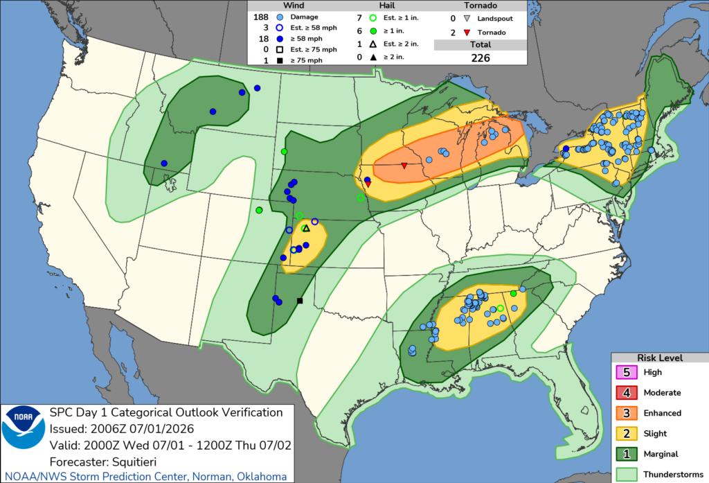 NOAA SPC Convective Outlook Map for July 02, 2026 -- Severe -- Severe Storm Risk Builds Across Midwest