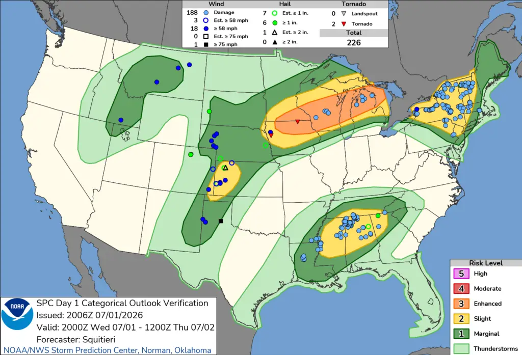 NOAA SPC Convective Outlook Map for July 02, 2026 -- Severe -- Severe Storm Risk Builds Across Midwest