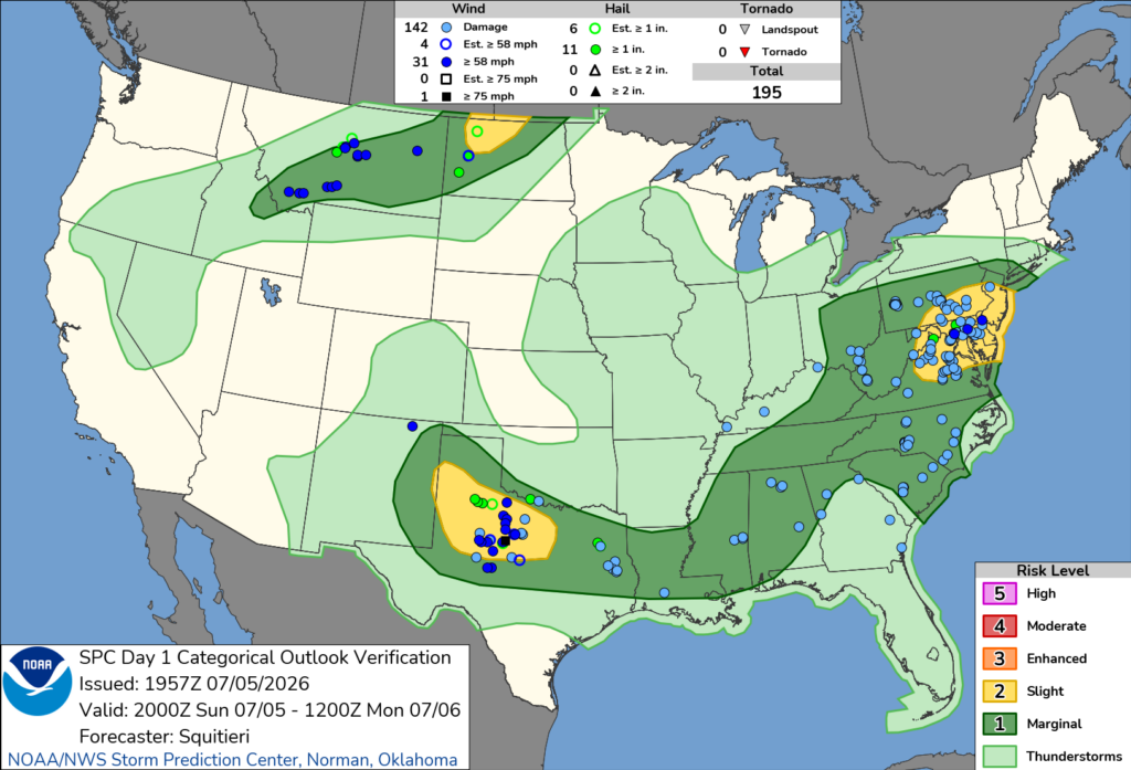 NOAA SPC Storm Reports Map for July 06, 2026 -- Tornado -- Tornado Warning Hits Harrisburg Area