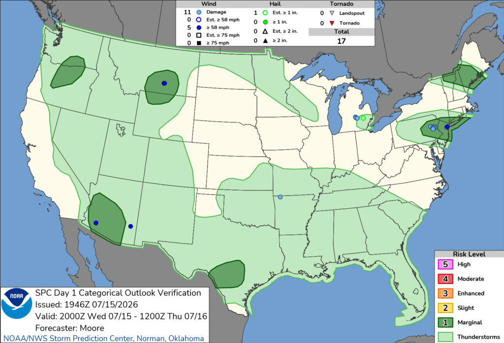 NOAA SPC Storm Reports Map for July 16, 2026 -- Radar -- Radar Tornado Hits Near San Antonio