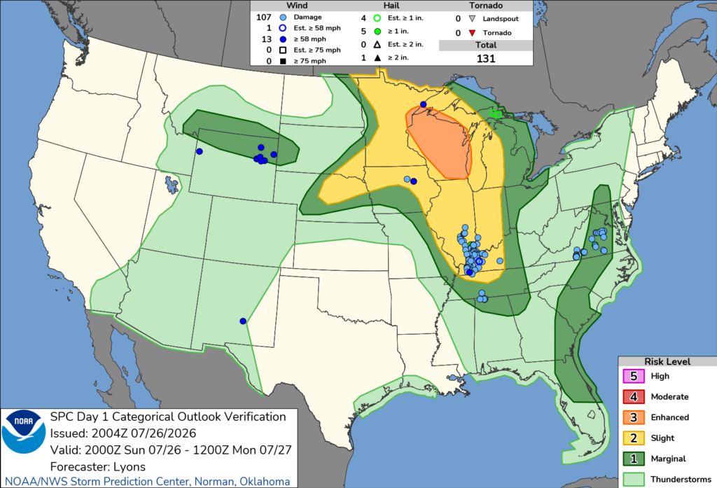 NOAA SPC Storm Reports Map for July 27, 2026 -- Tornado -- Tornado Warning Hits Langlade, Oconto