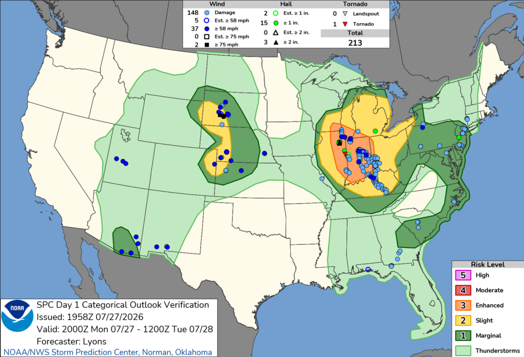 NOAA SPC Storm Reports Map for July 28, 2026 -- Wisconsin -- Wisconsin Tornado Cuts Power, Damages Homes