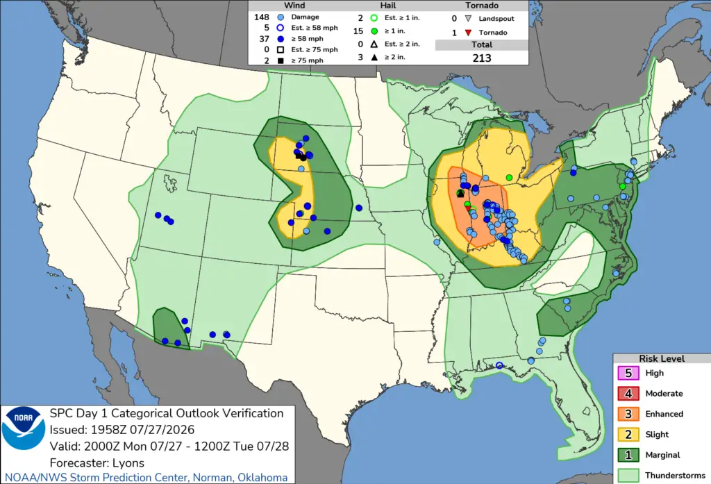 NOAA SPC Storm Reports Map for July 28, 2026 -- Wisconsin -- Wisconsin Tornado Cuts Power, Damages Homes