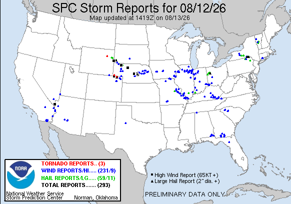 NOAA SPC Tornado News Map for August 13, 2026 -- Midwest -- Midwest Storms Trigger Flooding, Tornadoes