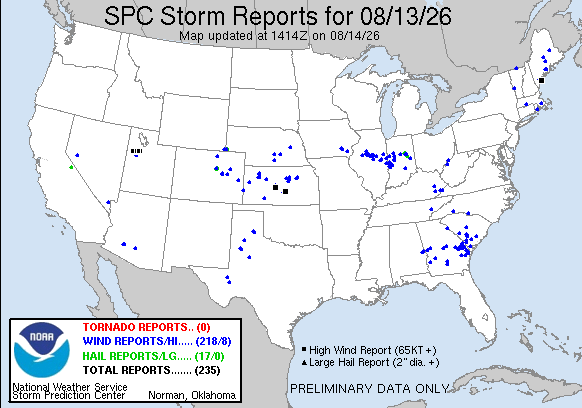 NOAA SPC Tornado News Map for August 14, 2026 -- Midwest -- Midwest Storms Leave Deaths, Damage