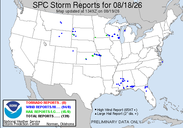 NOAA SPC Tornado News Map for August 19, 2026 -- Three -- Three Tornadoes Confirmed in Waukesha