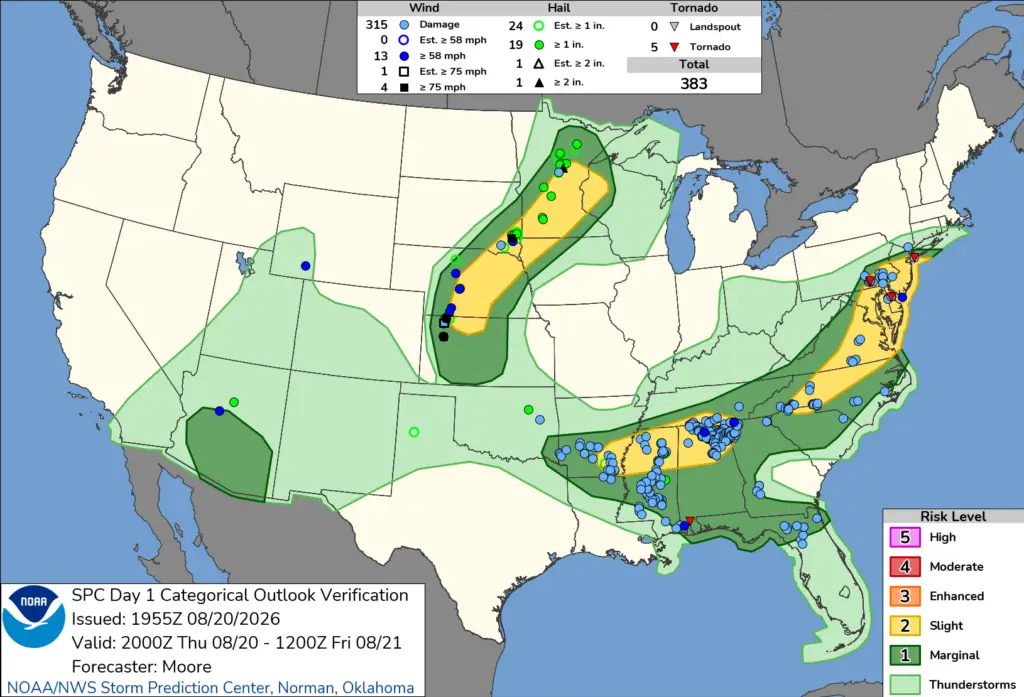 NOAA SPC Storm Reports Map for August 22, 2026 -- Tornado -- Tornado Hits Dover, State Emergency