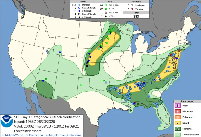 NOAA SPC Storm Reports Map for August 22, 2026 -- Tornado -- Tornado Hits Dover, State Emergency