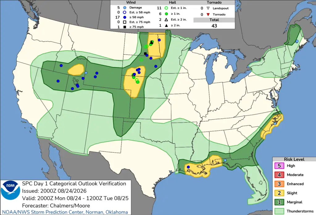NOAA SPC Storm Reports Map for August 25, 2026 -- Tornado -- EF-0 Tornado Hits Port St. Lucie