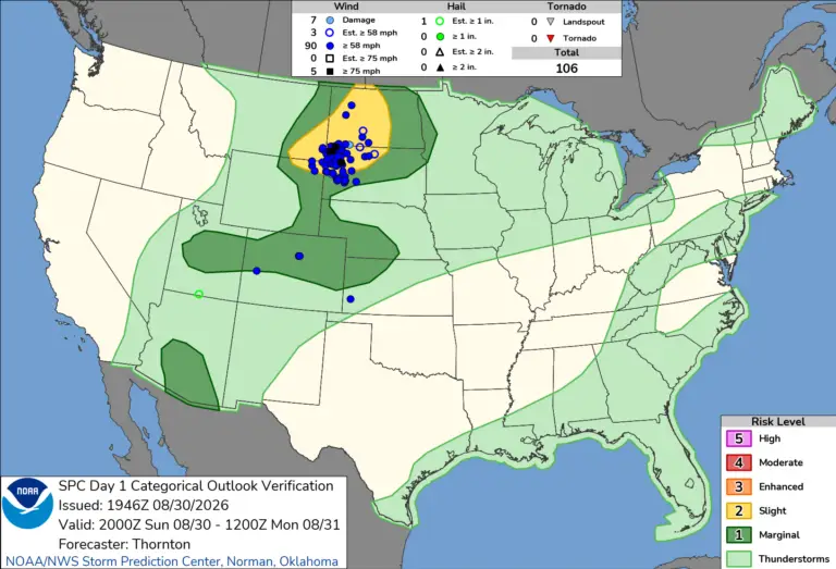 NOAA SPC Convective Outlook Map for August 31, 2026 -- Rare -- Rare Severe Risk Targets I-95 Cities