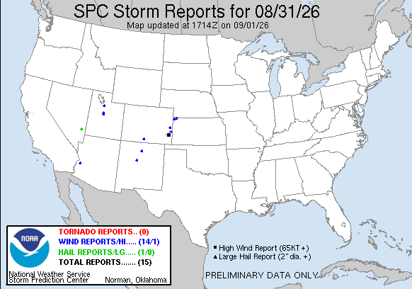 NOAA SPC Tornado News Map for September 01, 2026 -- No -- No Active Tornado Watches Nationwide