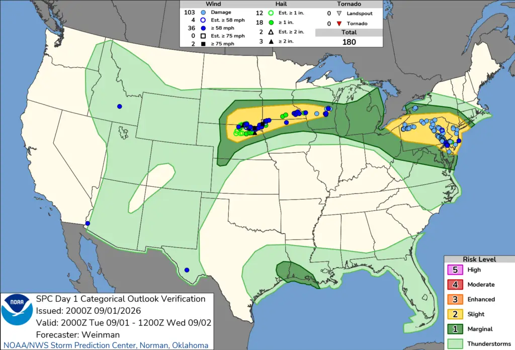 NOAA SPC Convective Outlook Map for September 02, 2026 -- Northeast -- Northeast Severe Storms Raise Tornado Risk
