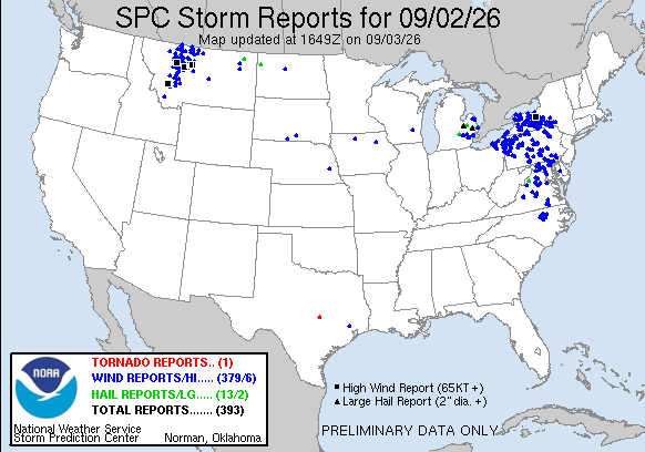 NOAA SPC Tornado News Map for September 03, 2026 -- Tornado -- Tornado Warning Hits Newfane, Olcott