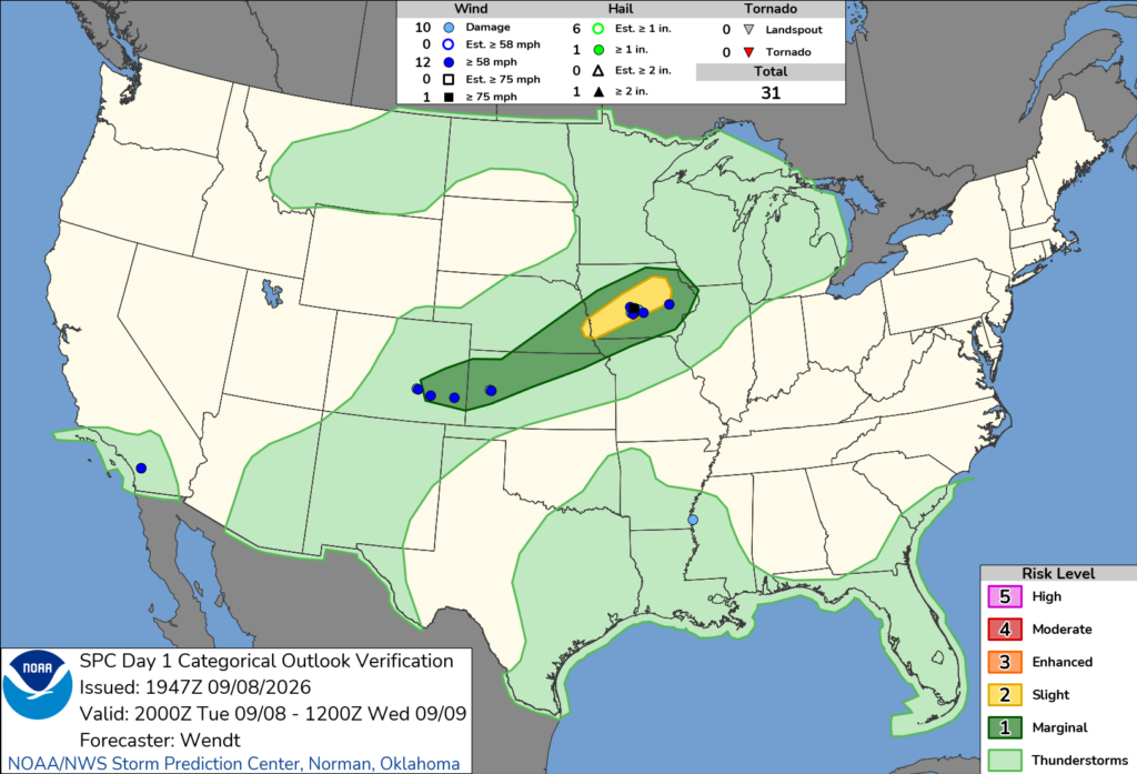 NOAA SPC Storm Reports Map for September 09, 2026 -- Tornado -- EF-0 Tornado Hits Near Hammond