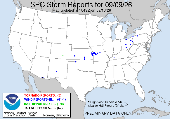 NOAA SPC Tornado News Map for September 10, 2026 -- Tornado -- Tornado Warning Hits North-Central Pennsylvania