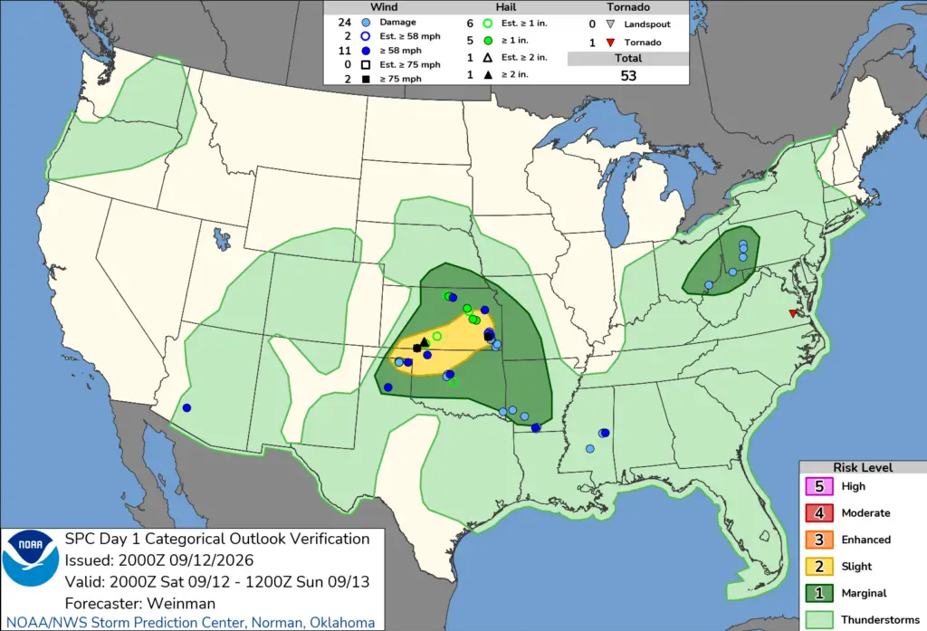 NOAA SPC Storm Reports Map for September 14, 2026 -- Tornado -- Tornado Warning Hits Southeast Virginia
