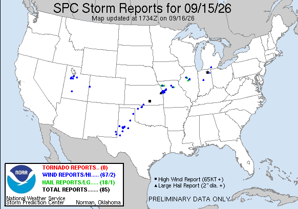 NOAA SPC Tornado News Map for September 16, 2026 -- Tornado -- EF-0 Tornado Confirmed in Otoe County