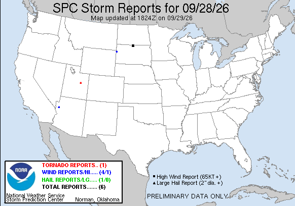 NOAA SPC Tornado News Map for September 29, 2026 -- Tornado -- Tornado Confirmed Near East Carbon